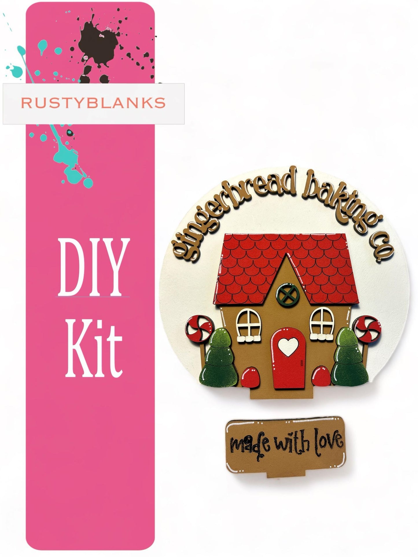 The image is a DIY kit for creating a gingerbread house, with a pink banner and a gingerbread house decoration.