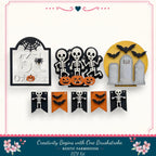 The image is a Halloween-themed collage featuring various spooky and festive elements such as a skeleton decoration, a jack-o-lantern, a tombstone, and a banner with bats.