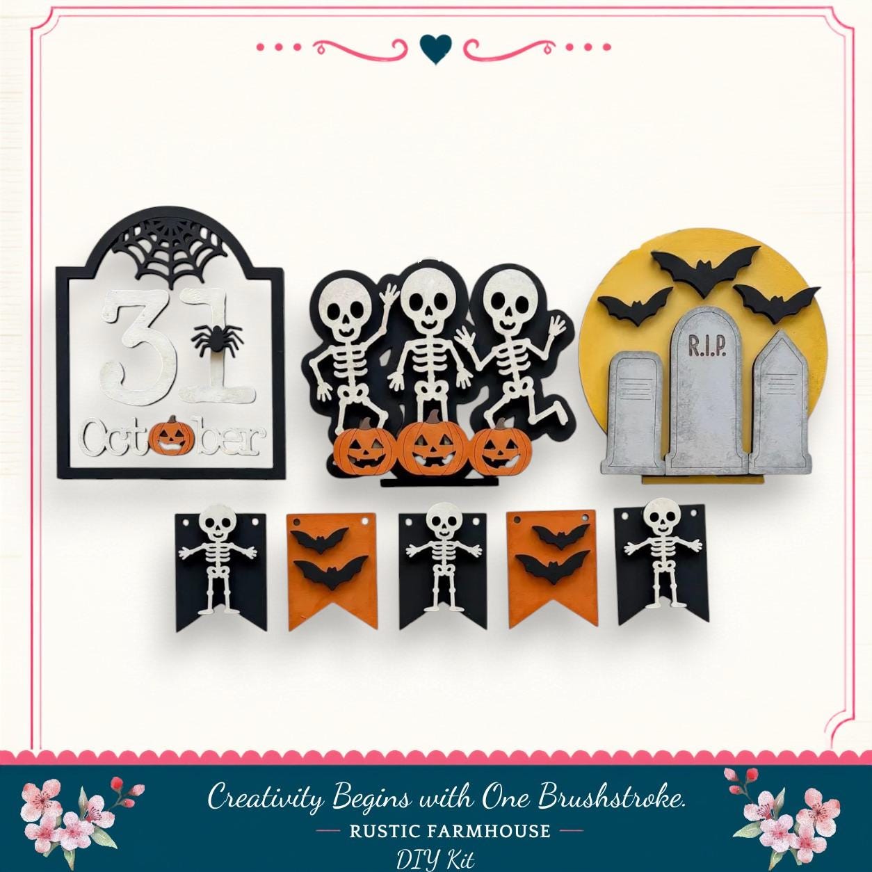 The image is a Halloween-themed collage featuring various spooky and festive elements such as a skeleton decoration, a jack-o-lantern, a tombstone, and a banner with bats.