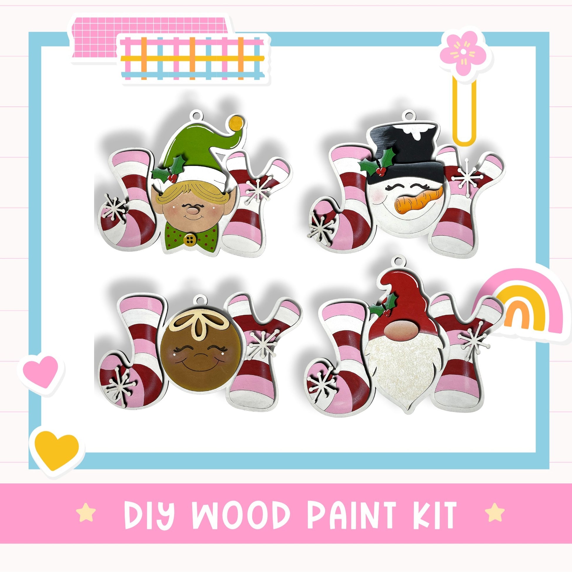 The image is a collage of four wooden paint kit ornaments, each featuring a different character such as an elf, a snowman, a gnome, and a cookie. The ornaments are arranged in a grid-like pattern, with each character having a unique design and color scheme. The text "DIY WOOD PAINT KIT" is displayed at the bottom of the image.