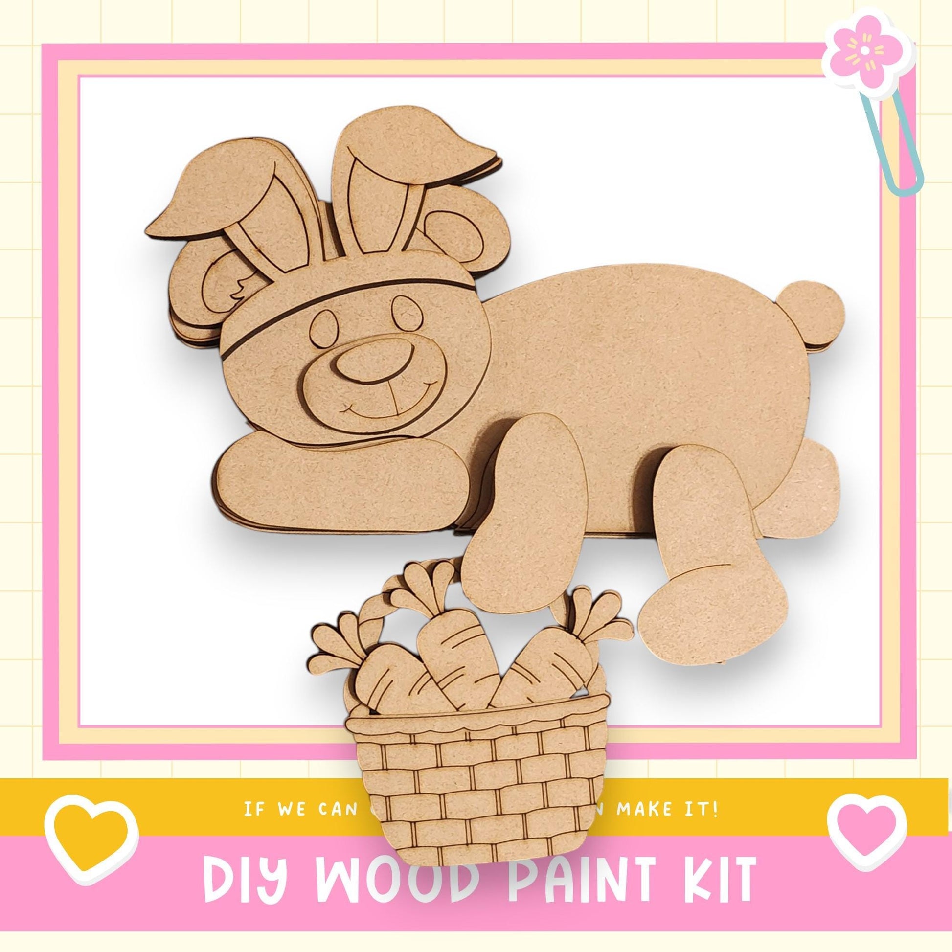 a DIY wood paint kit with a cute bunny and a basket of carrots.