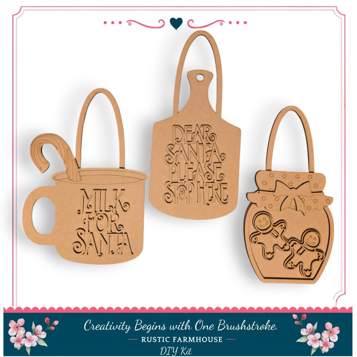 three wooden ornaments with text engraved on them, including a mug, a cutting board, and a jar.