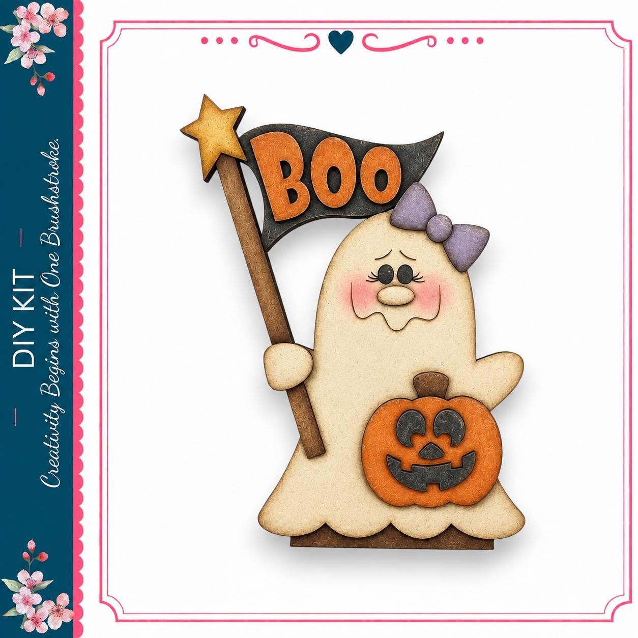 A wooden ghost holding a "BOO" flag and a carved pumpkin, with a heart-shaped decoration above the image.