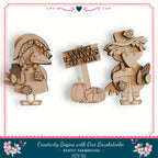 two wooden bird figures, one holding a corn cob and the other holding a sign that reads "WARNING SCAPTERS ON THE DUTY".