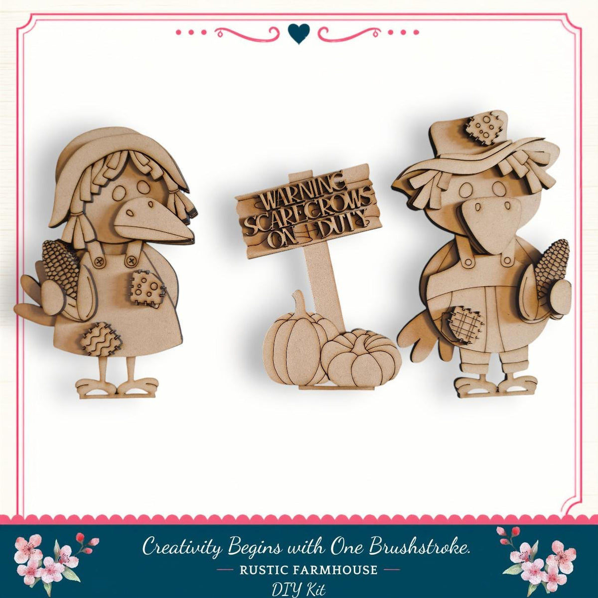 two wooden bird figures, one holding a corn cob and the other holding a sign that reads "WARNING SCAPTERS ON THE DUTY".