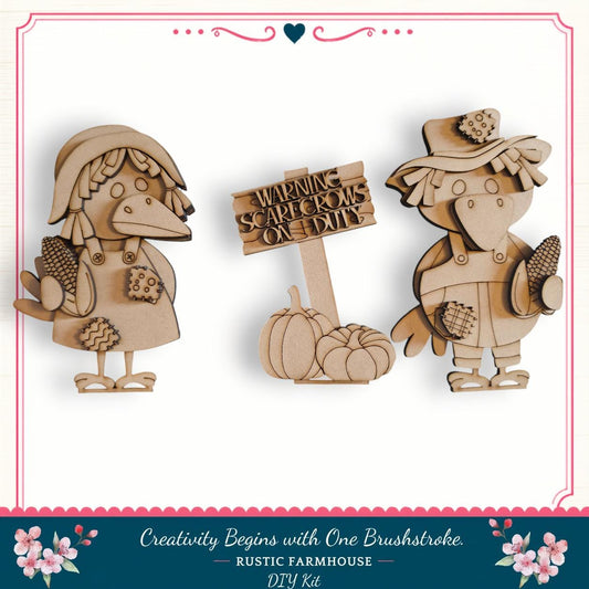 two wooden bird figures, one holding a corn cob and the other holding a sign that reads "WARNING SCAPTERS ON THE DUTY".