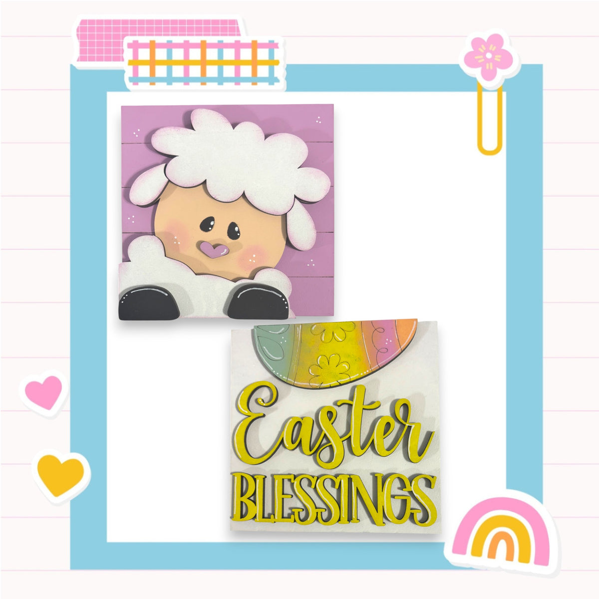 Easter-themed collage with a sheep, a rainbow, and a sign that says "Easter Blessings".