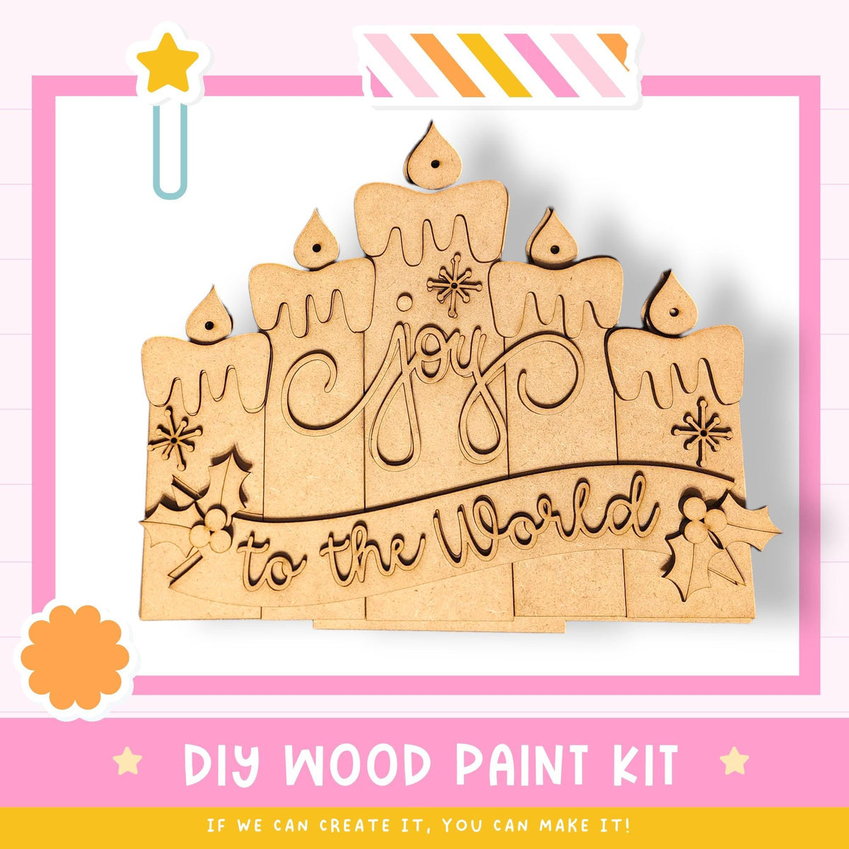 The image is a DIY wood paint kit for creating a wooden candle holder with the phrase "Joy to the World" written on it.