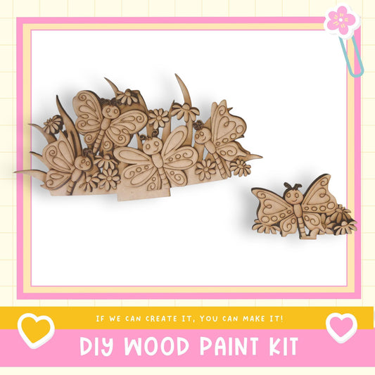 a DIY wood paint kit, with a focus on butterflies and flowers. The kit includes a wooden frame with various butterfly and flower designs, as well as a smaller wooden butterfly and flower piece. The kit is presented in a pink and yellow frame, and the text encourages creativity and the ability to make the kit.