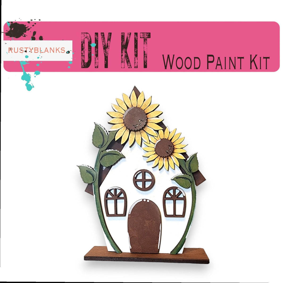 a picture of a house with sunflowers on it