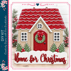 A wooden house with a red roof, decorated with Christmas ornaments and a wreath, set against a snowy background.