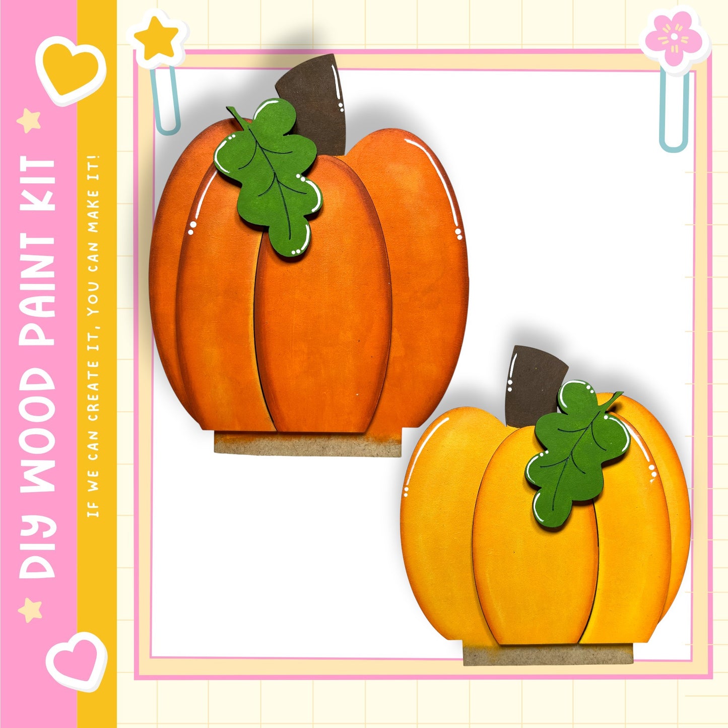 two large orange pumpkins with green leaves, set against a pink and yellow background.