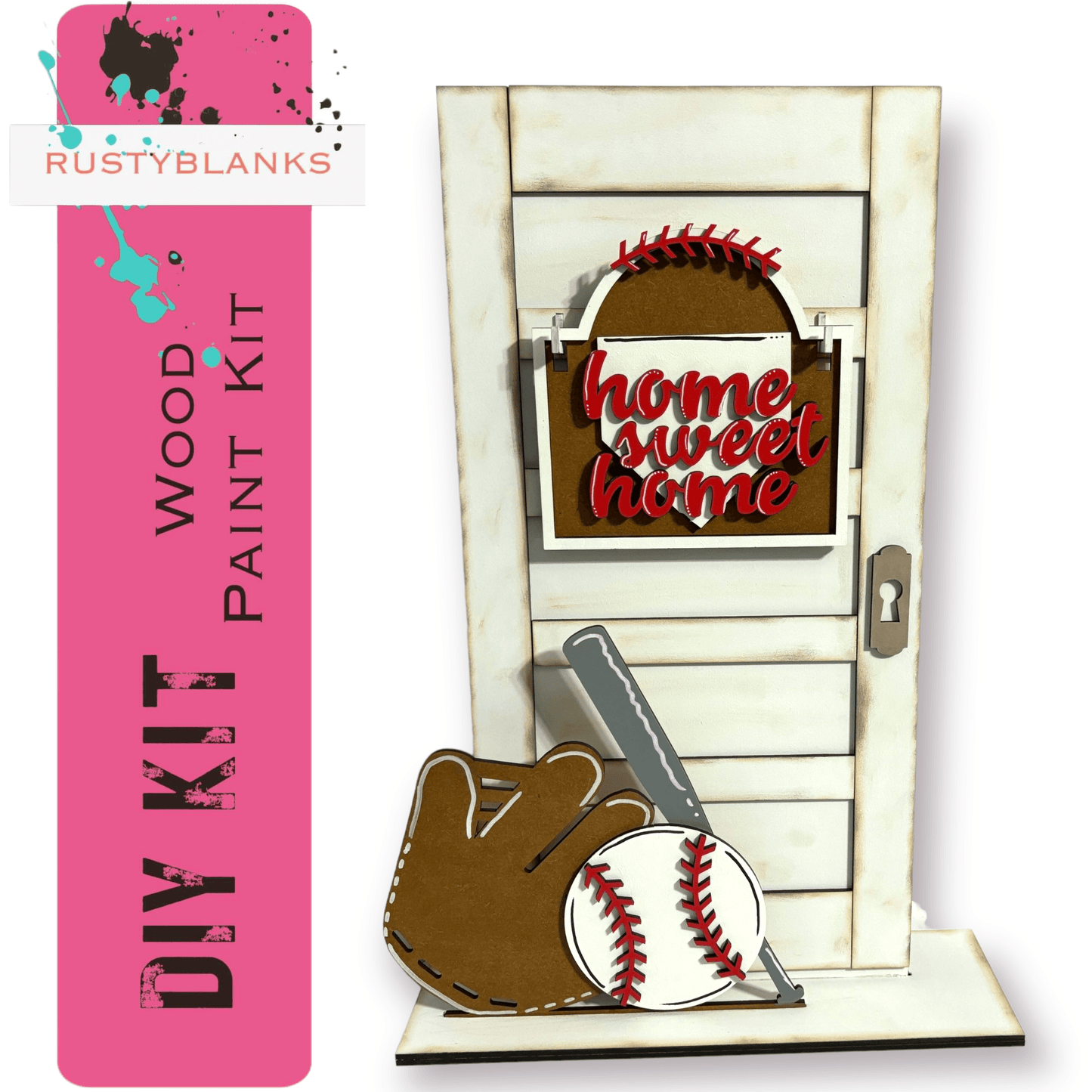 a picture of a door with a baseball glove and a bat