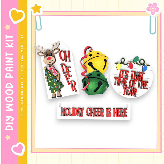 a festive holiday-themed collage with various decorations, including a reindeer, bells, and a sign that says "HOLIDAY CHEER IS HERE".