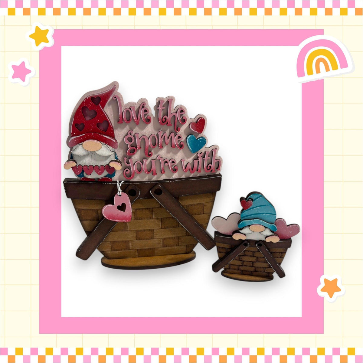 a card with a picture of a gnome in a basket