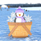 a penguin sitting in a basket with snow flakes