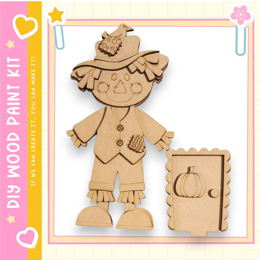 A wooden scarecrow figure with a pumpkin attached to its side, set against a pink and yellow background with decorative elements.