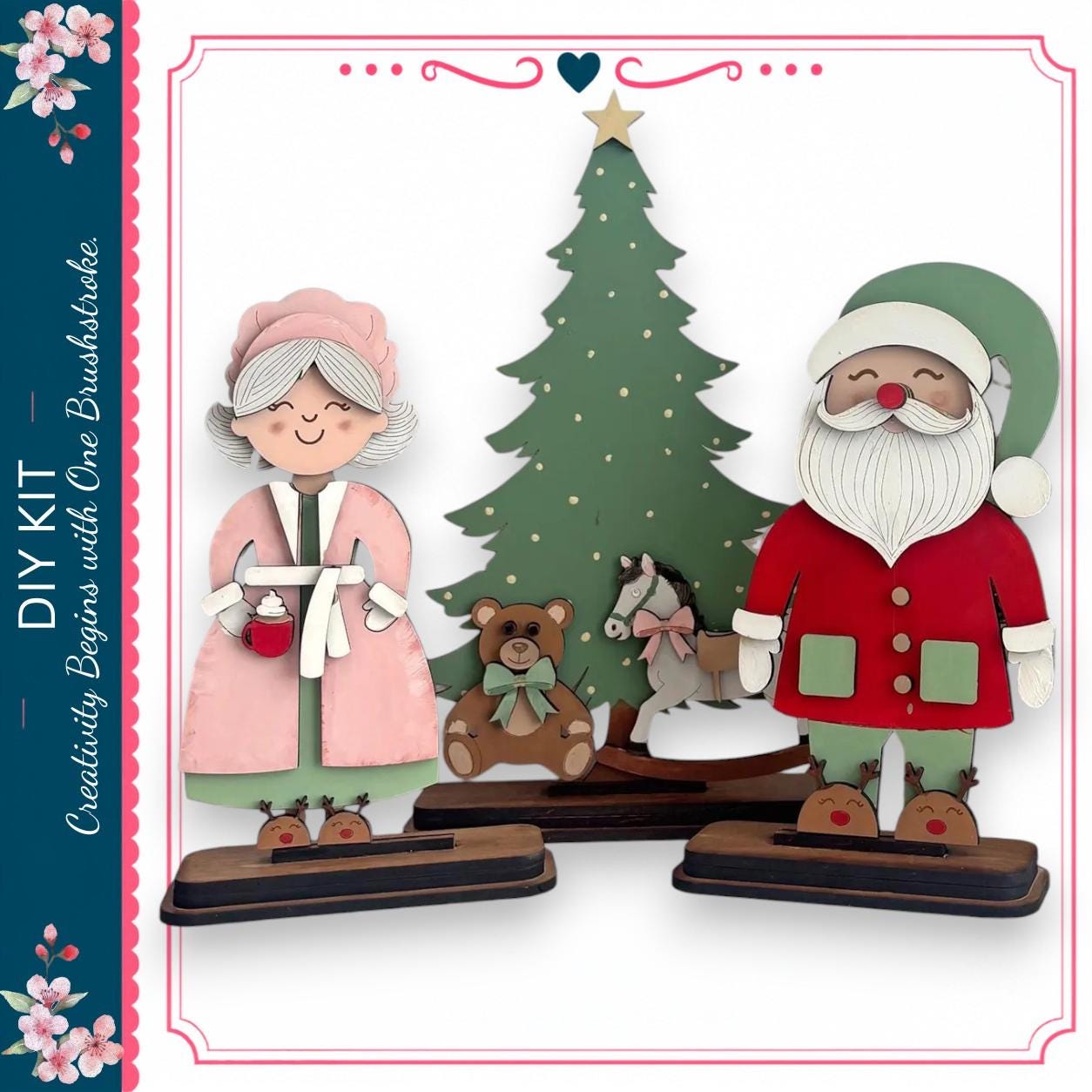a DIY kit with a Christmas tree and two wooden figures, one of which is Santa Claus. The kit includes a Christmas tree and a teddy bear, as well as instructions for creating a wooden figure of Santa Claus and a wooden figure of an elderly woman.