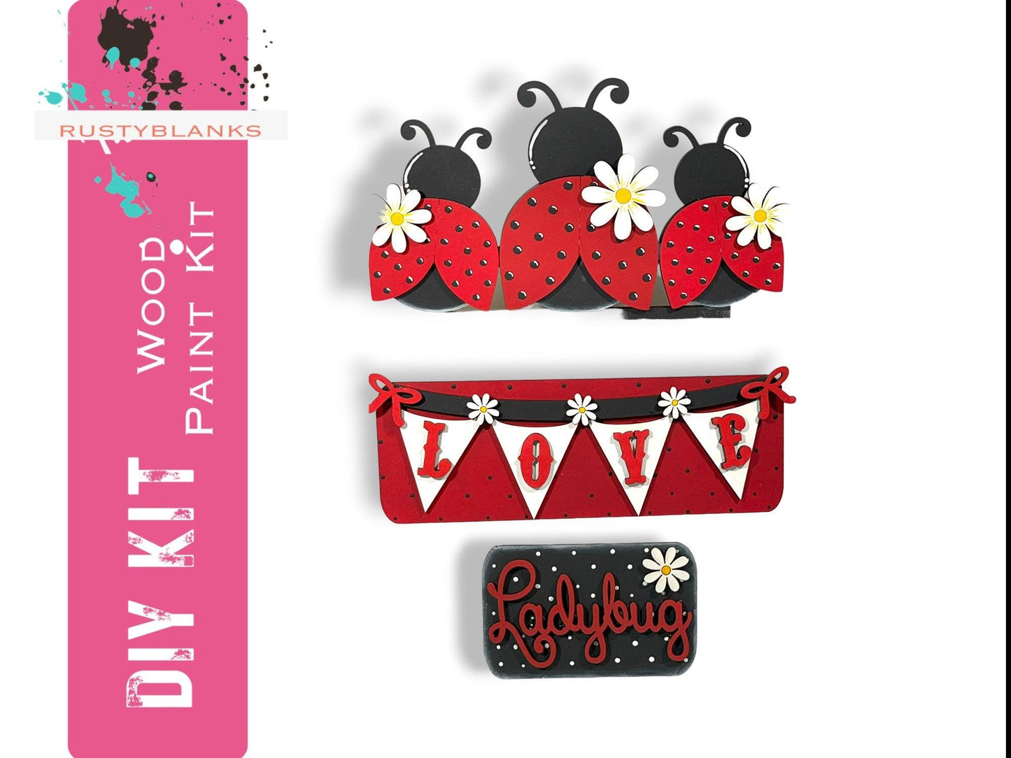 three magnets with ladybugs on them and a banner