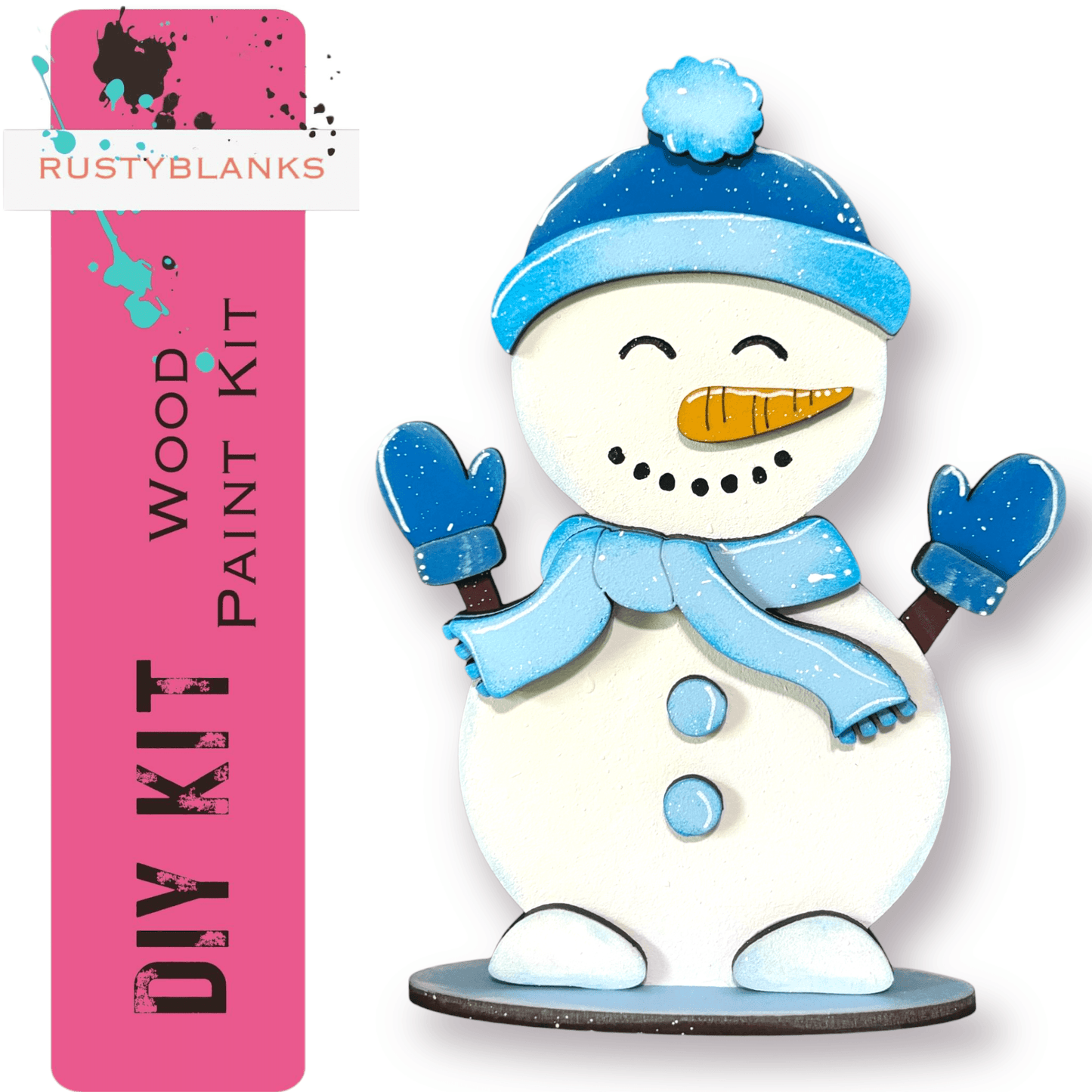 a wooden snowman with a blue hat and mittens