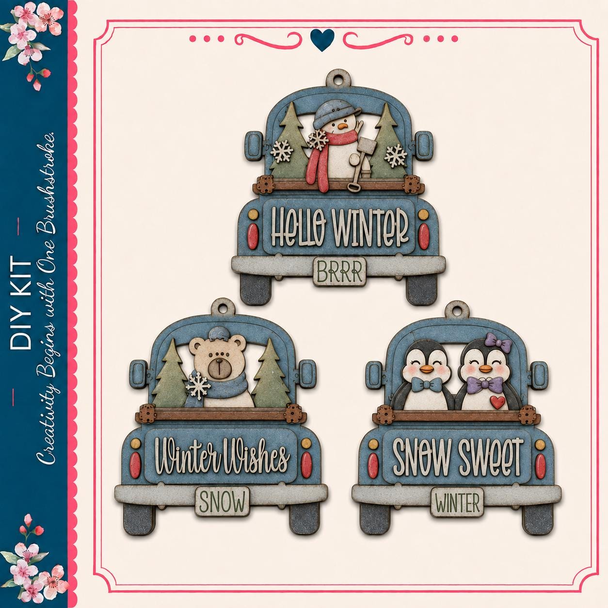 three decorative truck ornaments with winter-themed designs, including a snowman, a bear, and two penguins.