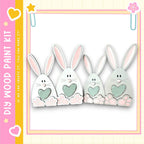A group of four cute, cartoon-style rabbits with hearts on their paws, arranged in a row against a white background.