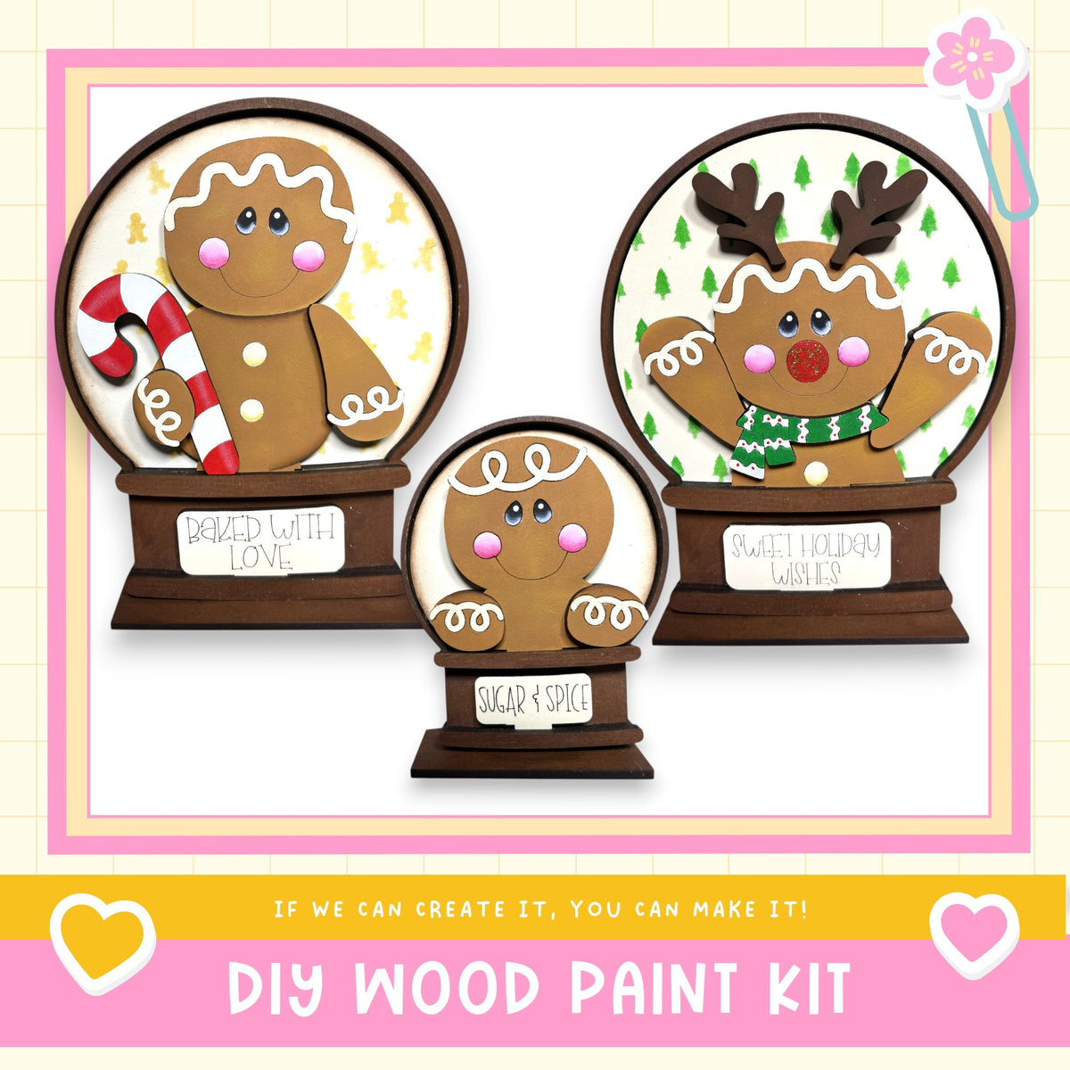 three wooden gingerbread man figurines, each with a unique design and color, displayed in a decorative arrangement.