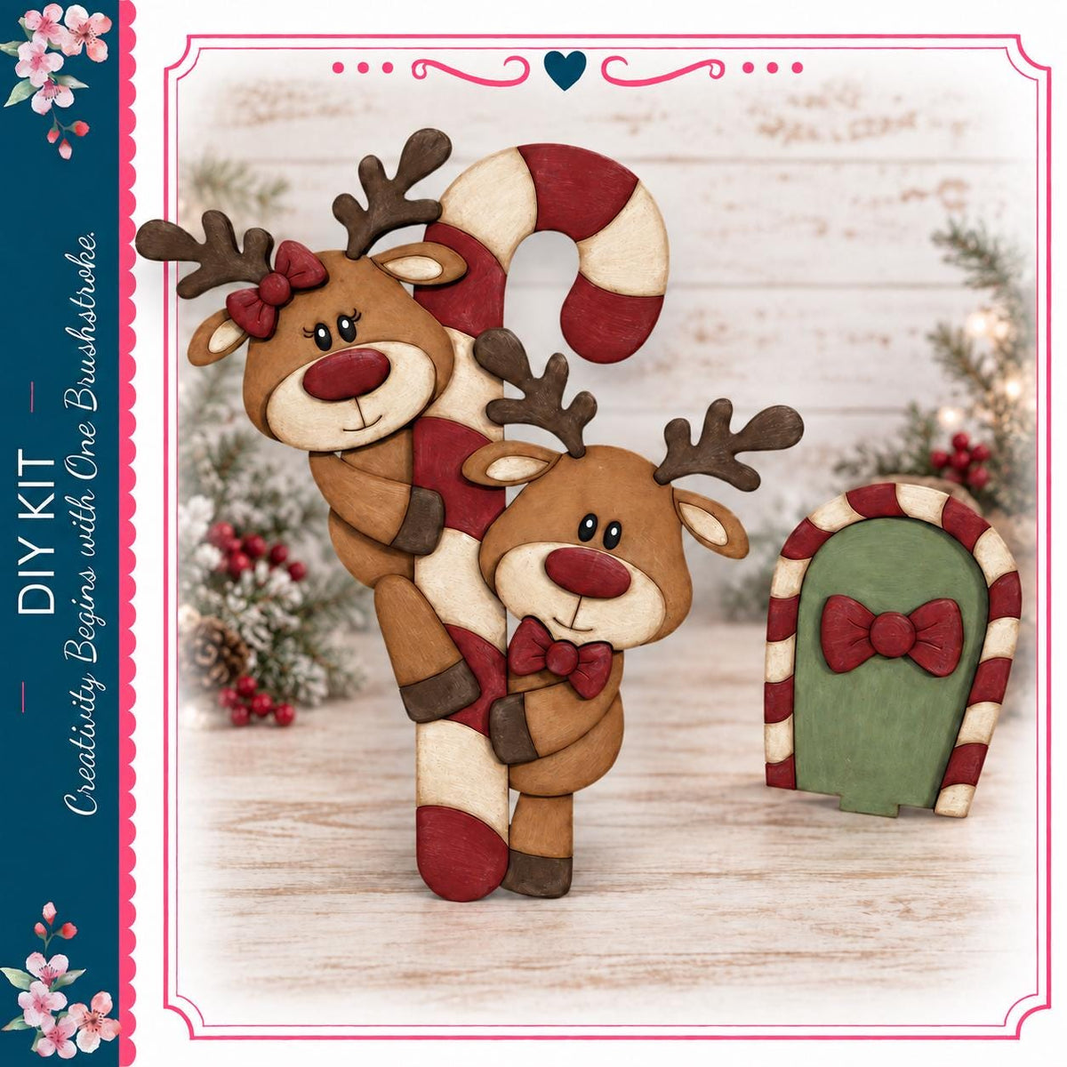 A festive scene featuring two wooden reindeer figures, one standing on a candy cane and the other sitting on a green door, set against a backdrop of holiday decorations and greenery.