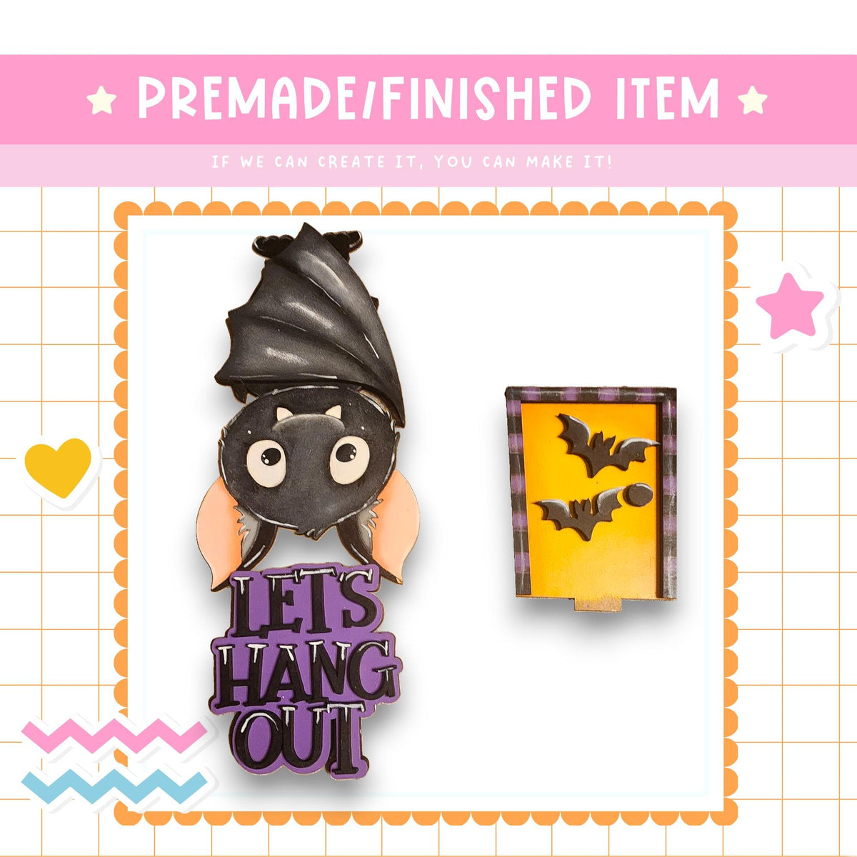 The image is a collage featuring a bat-themed item and a Halloween-themed item, both with a playful and whimsical design.