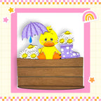 A yellow duck holding a purple umbrella and surrounded by white daisies and purple polka dot boots, sitting on a wooden bench.