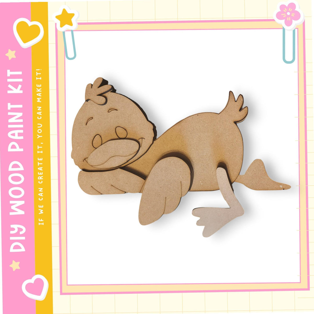 A wooden cutout of a cartoon duck is shown in the image.