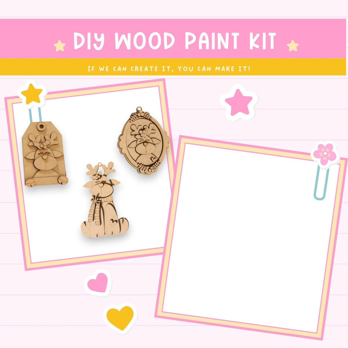 The image is a DIY wood paint kit advertisement featuring various wooden ornaments and a blank frame.