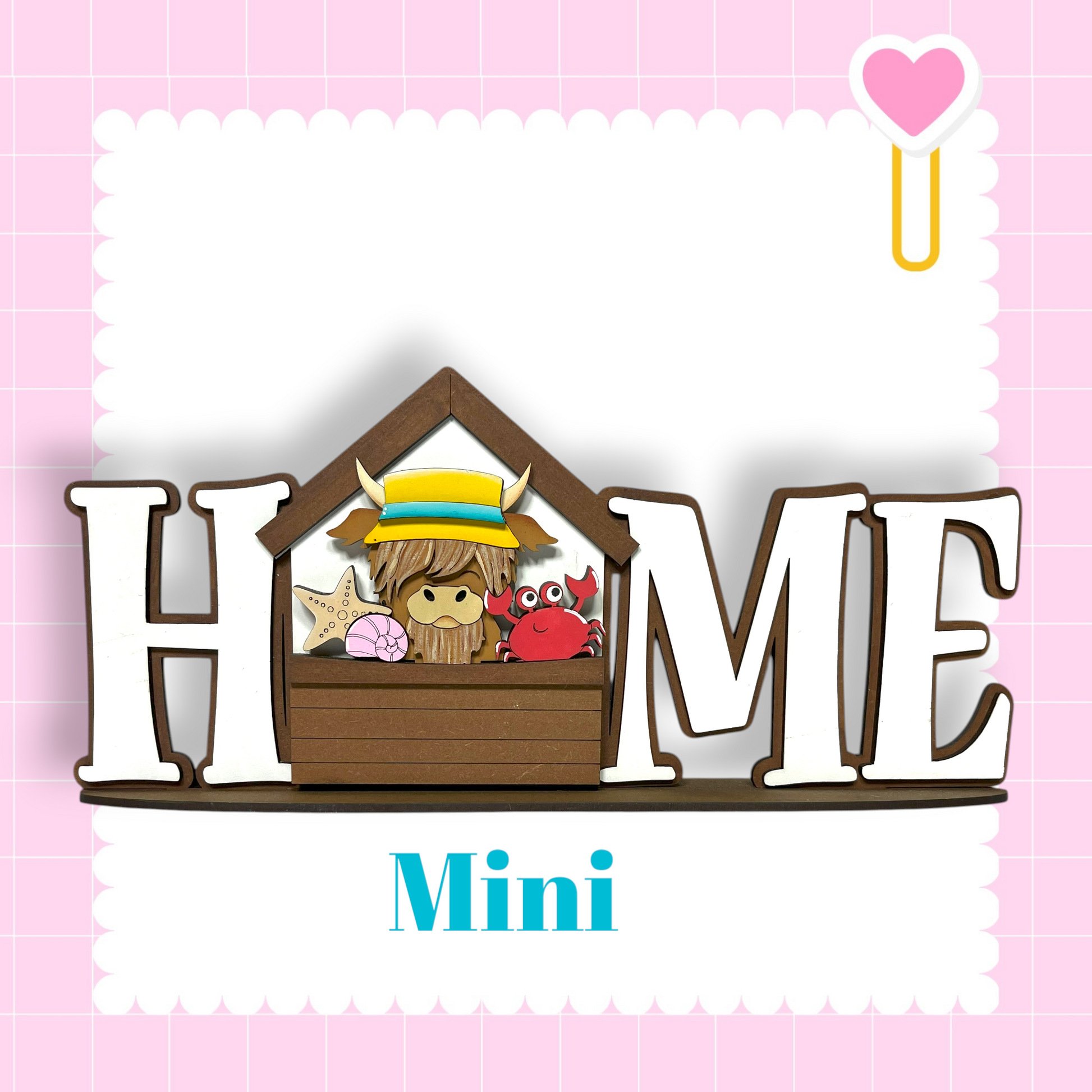 a wooden sign with the word "HOME" in large letters, surrounded by various small illustrations, including a character and a crab.