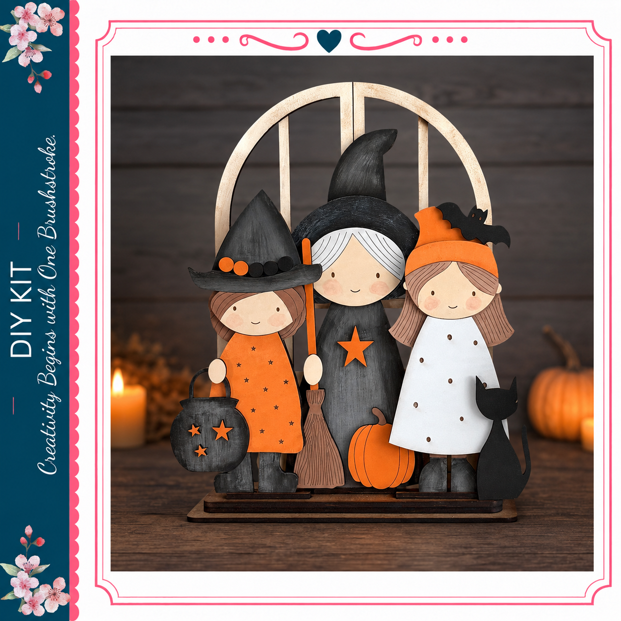 A Halloween-themed DIY kit featuring three wooden dolls dressed in witch costumes, each holding a different Halloween-themed prop, such as a broom, pumpkin, and cat.