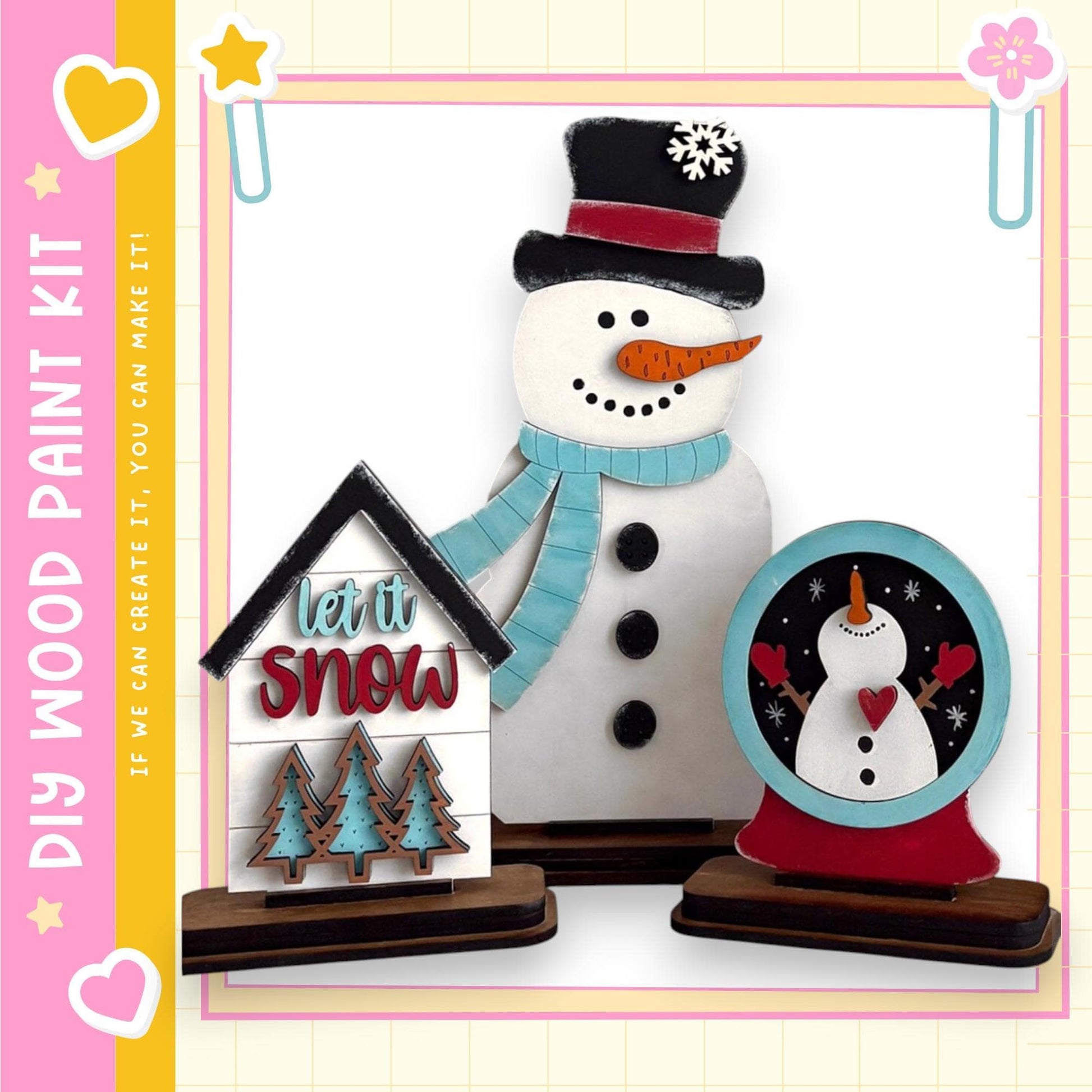 A snowman and a snow globe are displayed in the image, along with a sign that says "let it snow".