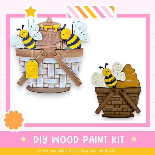 a DIY wood paint kit for creating wooden bee-themed decorations, including a wooden basket with a bee and honeycomb design, and a wooden basket with a bee and honeycomb design.