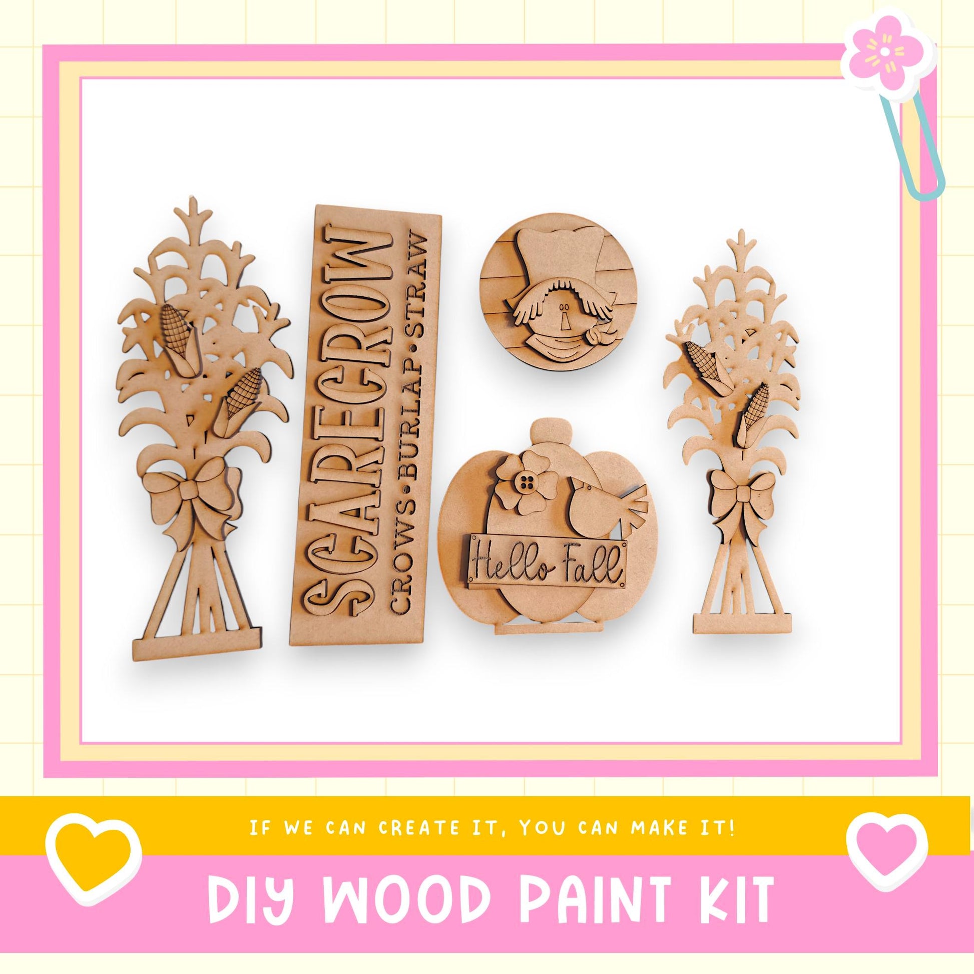 a DIY wood paint kit with various wooden cutouts, including a scarecrow, a pumpkin, and a heart. The kit appears to be made of wood and is designed for creating custom wooden decorations.