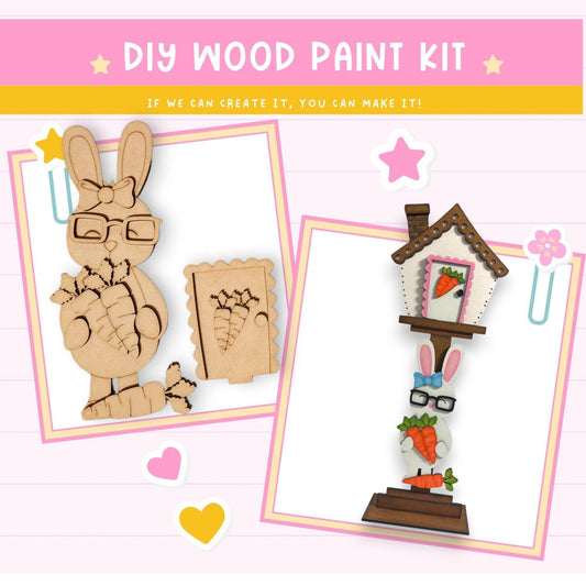 a wooden craft kit with pictures of a rabbit and a birdhouse