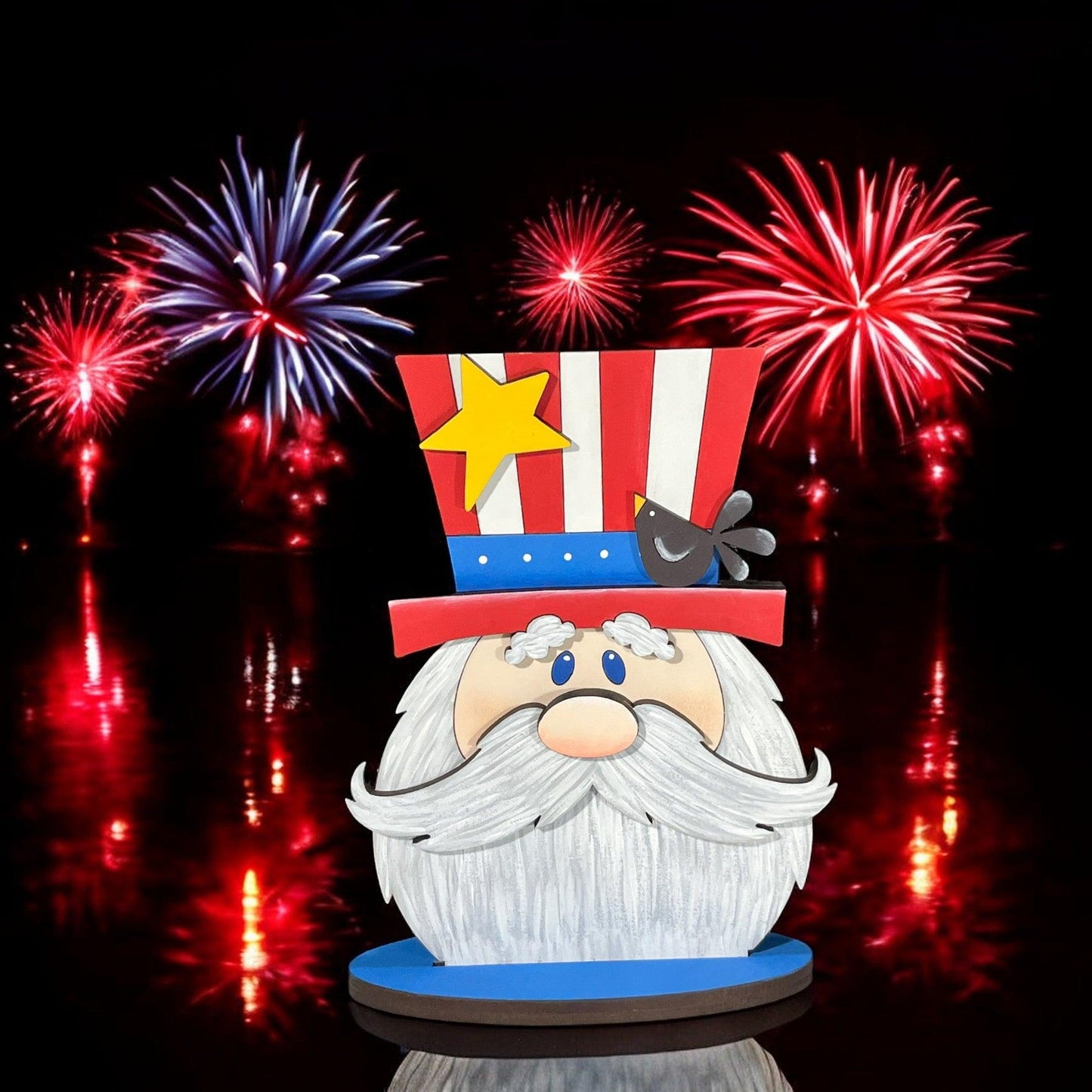 a close up of a santa clause with fireworks in the background