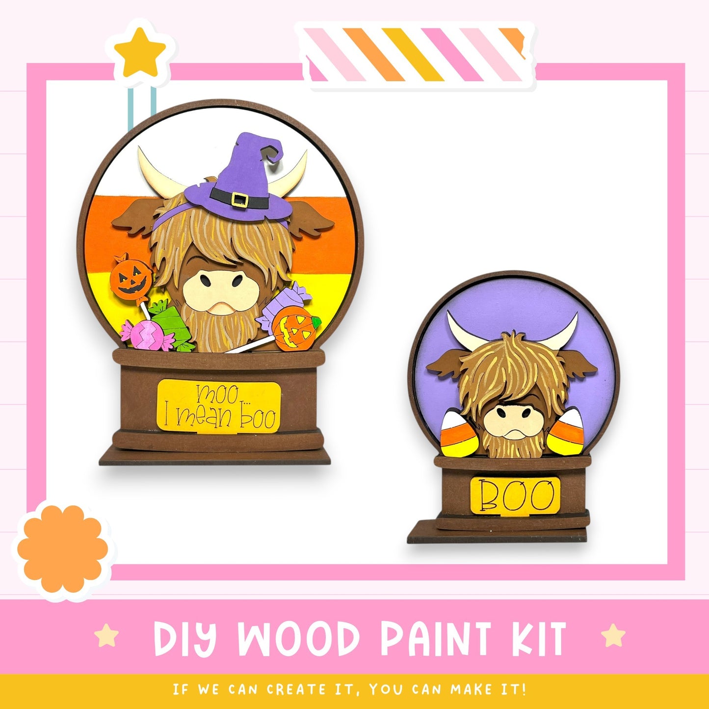 two wooden paint kits, each depicting a cartoon character with a witch hat and a purple hat. The kits are labeled as "DIY WOOD PAINT KIT" and "IF WE CAN CREATE IT, YOU CAN MAKE IT!"