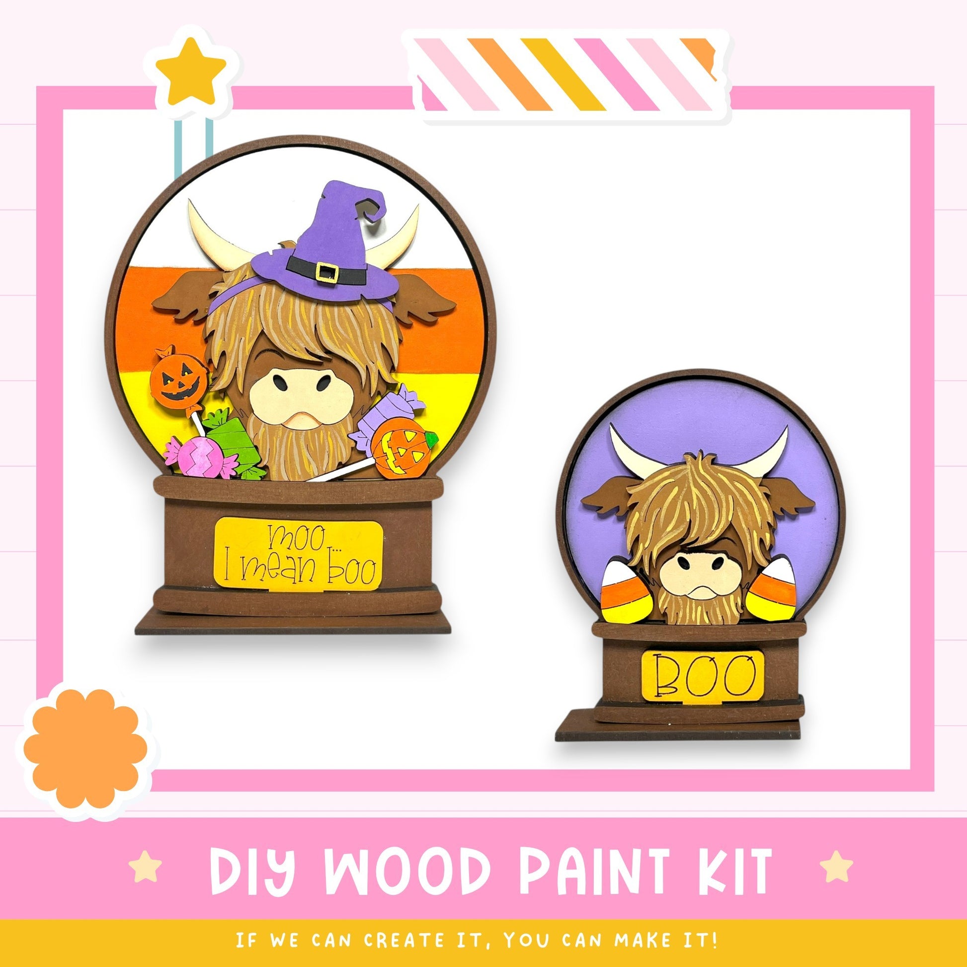 two wooden paint kits, each depicting a cartoon character with a witch hat and a purple hat. The kits are labeled as "DIY WOOD PAINT KIT" and "IF WE CAN CREATE IT, YOU CAN MAKE IT!"