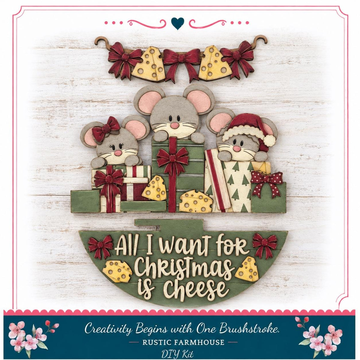 A festive Christmas-themed collage featuring three cartoon mice surrounded by various holiday decorations, including a sign that reads "All I want for Christmas is cheese".
