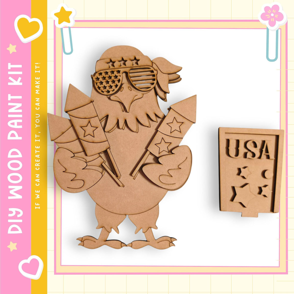 A wooden toy eagle holding fireworks and a sign that says "USA"