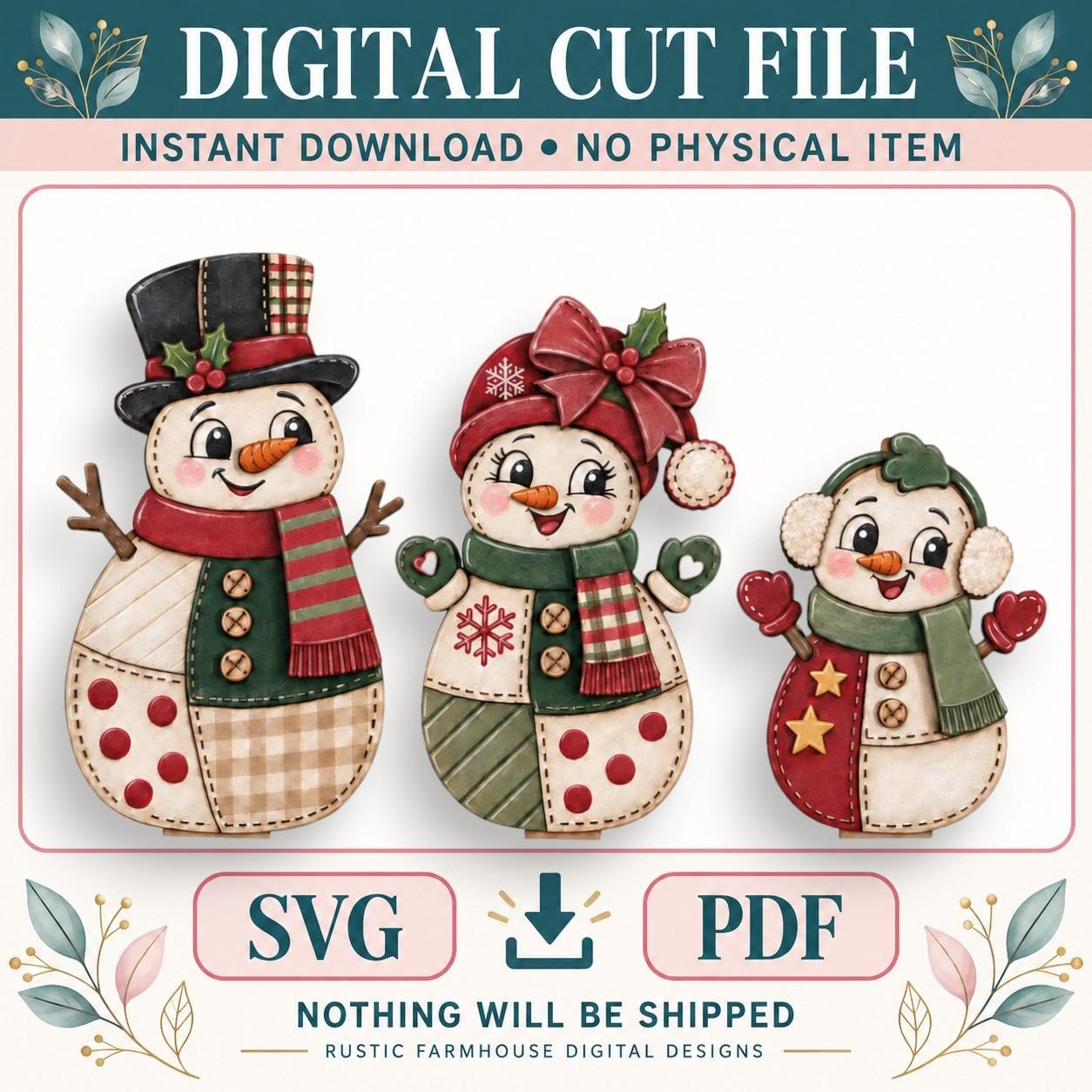 three snowmen, each with different outfits and accessories, arranged in a row. The snowmen are smiling and appear to be made of fabric or cloth. The image does not contain any text, and there are no other objects or elements present.