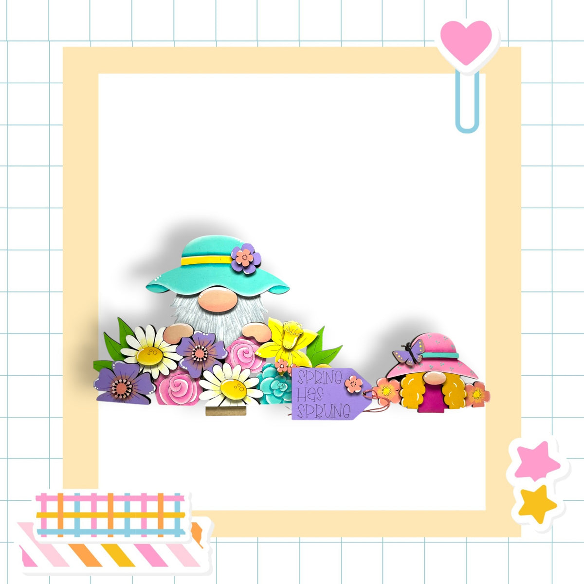 a picture frame with a picture of a gnome and flowers