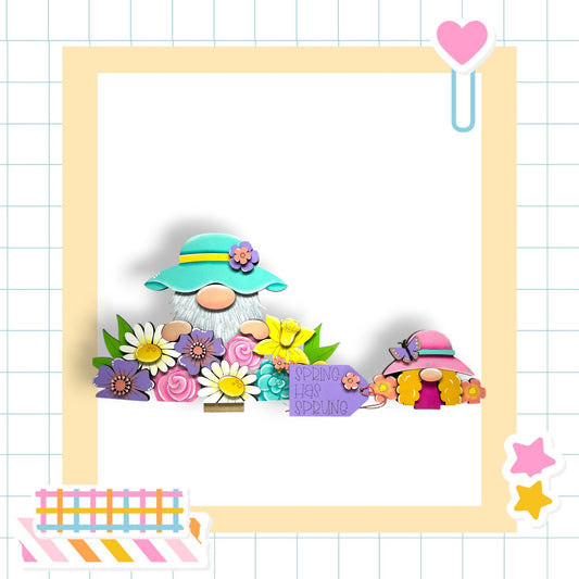 a picture frame with a picture of a gnome and flowers