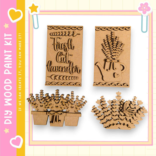 various wooden craft items, including a sign, a plant, and a decorative piece, all of which appear to be made of cardboard.