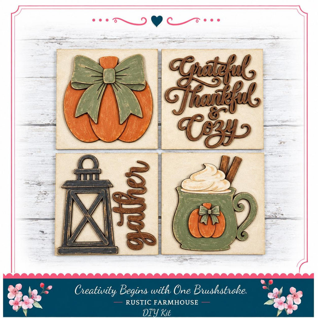 The image is a DIY kit featuring a rustic farmhouse theme with a focus on fall decorations. It includes a carved pumpkin, a lantern, a mug of hot chocolate, and a sign that says "Grateful Thankful Coz".