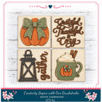 The image is a DIY kit featuring a rustic farmhouse theme with a focus on fall decorations. It includes a carved pumpkin, a lantern, a mug of hot chocolate, and a sign that says "Grateful Thankful Coz".
