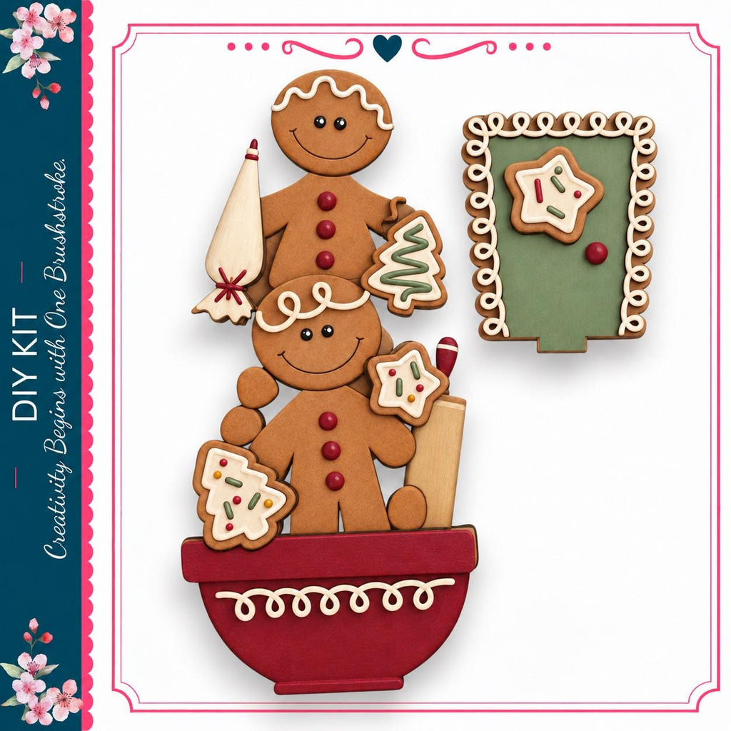 A festive gingerbread house kit with various gingerbread cookies and decorations, including a gingerbread man, a gingerbread tree, and a gingerbread house.
